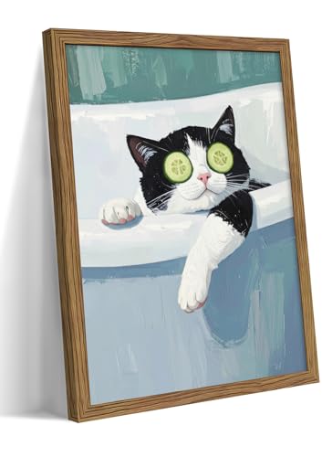 Framed Tuxedo Cat Canvas Wall Art, Bathroom Pictures Wall Decor,
