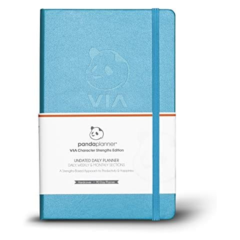 Panda Planner Undated Daily Planner – 3-Month Goal Setting & Productivity Journal – VIA Strength-Based Happiness & Organization Planner – Weekly & Monthly Agenda – 5.75" x 8.25" Hardcover Light Blue Cover