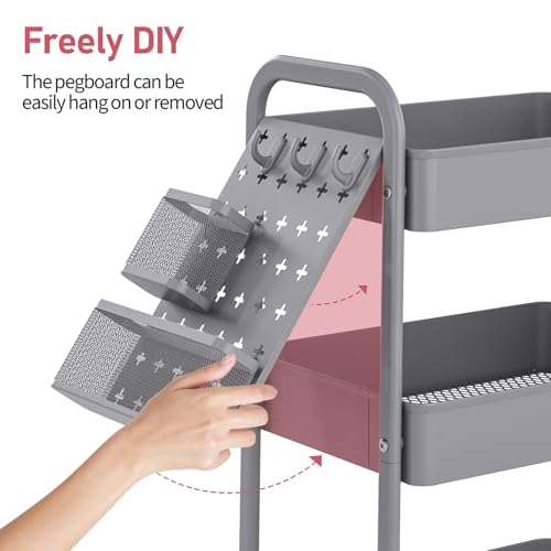 TOOLF Metal Rolling Storage Cart, 3-Tier Utility Mobile Cart with DIY Pegboards, Serving Trolley Cart with Baskets Hooks, for Kitchen, Bathroom, Office, Home, Classroom (Dark Grey) - Thumbnail 3