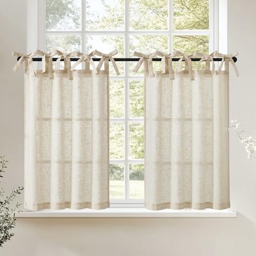 jinchan Solid Linen Kitchen Tier Curtains 36 Inches Tie Top 2 Panles Crude
