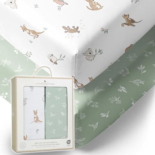 Living Textiles 100% Organic Cot Sheet Fitted 2 Pack -70x135cm, Premium Fabric for Baby's Best Comfort, Super Soft Baby for Crib Bed,Cot,Travel,Moisture Resistant (Australiana)