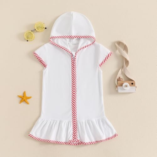 Image of Girls Terry Cloth Swim Cover Up Zip Up Hooded Bathing Suit Coverup Wraps Rufled Kids Pool Beach Robe Cover-Up Dress