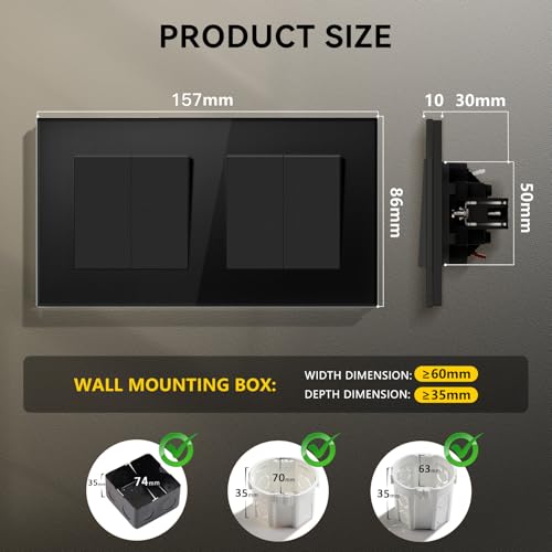 Miniatura 2 de Bseedlife Interruptor Doble De Luz Empotrable,Interruptor De Reinicio Conmutador De Pared Con Marco De Cristal,2 Gang 1 Vía 2 Gang 1 Vía,157 86mm Negro