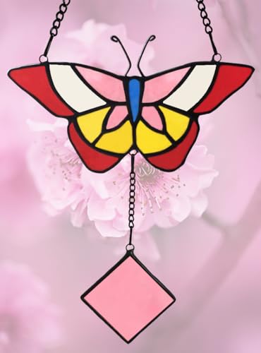kalockolo Butterfly Stained Glass Window Hanging, Handmade Stained Glass Butterfly Suncatcher Panels Birthday Gifts for Mother, Father, Grandma, Grandpa, Red