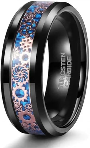 Bague tungstène 8mm carbone bleu et engrenage noir, un bijou masculin d'exception