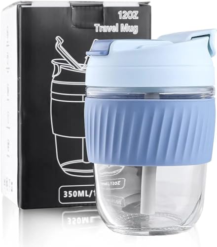 Image of Glass Coffe Mug with Lid and Straw, Reusable Sipper Bottle with Leather Sleeve Glasss Coffee Mug with Silicone Straw and Leakproof Lid Tumbler for Coffee (Dual Glass Mug 350ML)