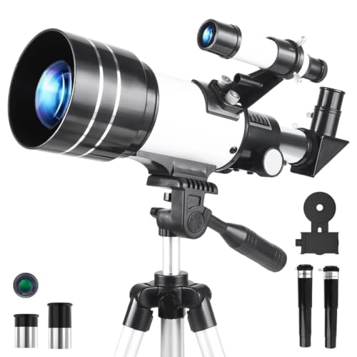 Misilmp Télescope pour Enfants et Adultes, 70MM Ouverture Télescope Réfracteur de 300MM avec Trépied, Viseur 5 x 24, Adaptateur Télescopes et 2 Oculaires...