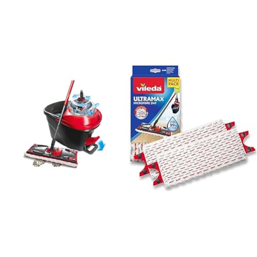Vileda ULTRAMAX Turbo Kit Lavage Sol Complet, Balai, Housse en Microfibre, Seau avec essoreuse à pédale, Longueur Manche télescopique 75-130cm, Emballage...