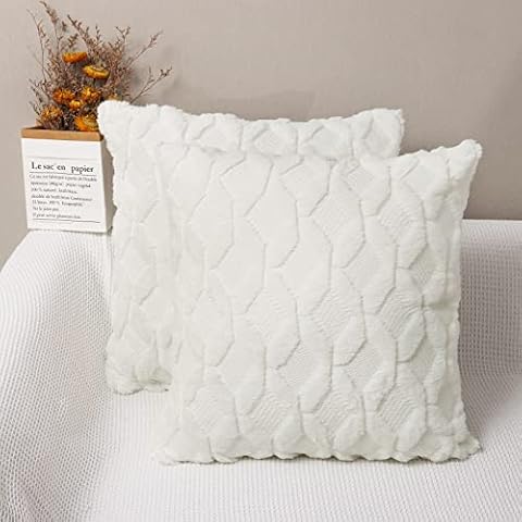 Yomshi Set of 2 Soft Plush Square Boho Cushion Covers Short Wool Decorative Pillow Cases Luxury Style Throw Pillow Covers European Pillow Shell for Sofa Bedroom Light Beige 40x40cm (16x16 inch) Cover