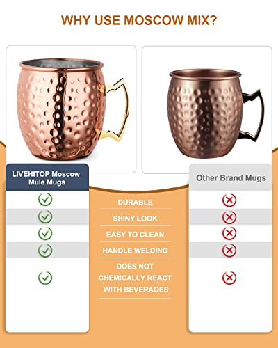 Foto von LIVEHITOP 4 Stück Moscow Mule Kupfer Becher Set, 19.5 Oz Handgemacht Cocktail Tasse for Kaltes Getränk, Wein, Bar, Party, Geschenkset, mit 4 Untersetzer