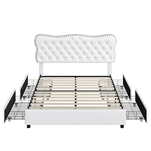 Hostack Full Bed Frame With 4 Storage Drawers, Upholstered Platform Bed Frame With Button Tufted Headboard, Heavy Duty Mattress Foundation With Wooden Slats, No Box Spring Needed (White, Full) #TOP7