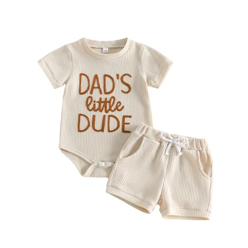 Image of Loalirando Baby Boy Summer Clothes 2-Piece Waffle Outfit Set Letter Embroidered Short Sleeve Romper Elastic Waist Shorts Set for Newborn Infant Boys (Apricot, 3-6 Months)