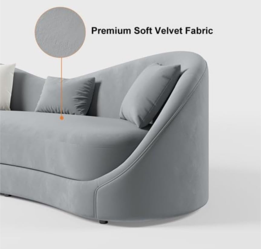 Image of Stylish Velvet Curved Modern Style Low Height 3 Seater Sofa with 3 Pillows (Grey)