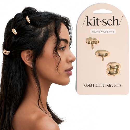 Kitsch Gold Hair Jewelry for Braids - Lightweight Metal Hair Pins for Women - Stackable Gold Hair Accessories for Everyday or Special Occasions - 3pc Set