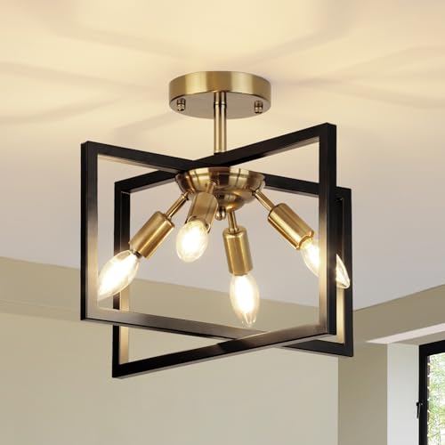 Image of Modern Industrial Semi Flush Mount Ceiling Light Fixture, Black and Gold Candelabra Farmhouse 4-Light Lighting for Kitchen, Dining Room, Bedroom, Hallway, Living Room, Entryway, Foyer