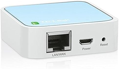 TP-Link N300 Wireless Portable Nano Travel Router, rear view showing LAN/WAN port, Micro USB power port, and Reset button