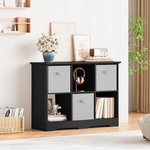 Image of 6 Cube Storage Organizer Shelf, Wood Cubby Storage with 3 Fabric Drawers, 2 Tier Wooden Bookshelf with 2 Adjustable Shelves & Fluted Side Panels for Bedroom, Living Room, Home Office, Black