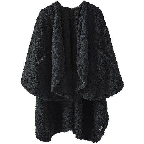 Royoliving Fuzzy Sherpa Wearable Fleece Blanket with Pockets for Adults, Ultra Soft Plush Shawl Throw Blankets (Black, 58'' x 64'')