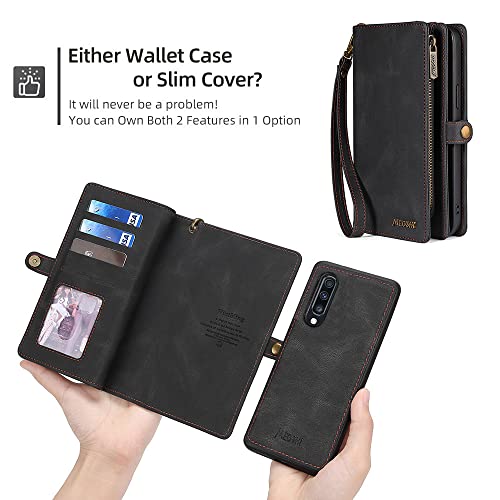 Asuwish Phone Case For Samsung Galaxy A70 Zipper Wallet Detachable Cover With Tempered Glass Screen Protector And Leather Flip Card Holder Slot Cash Cell Accessories A70S A 70 70A S70 Women Men Black #TOP3