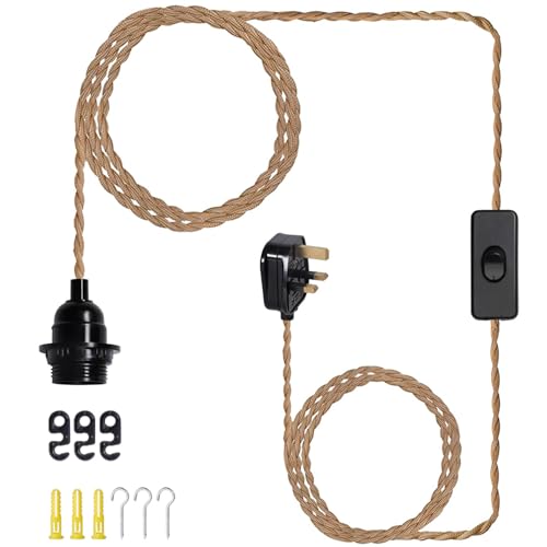 15FT Vintage Plug in Pendant Light Cord Hanging Light Dimmer Switch Kit DIY with Twisted Nylon Rope, Industrial Ceiling Pendant Lighting E26 E27 Socket for Farmhouse Kitchen Cable (01)