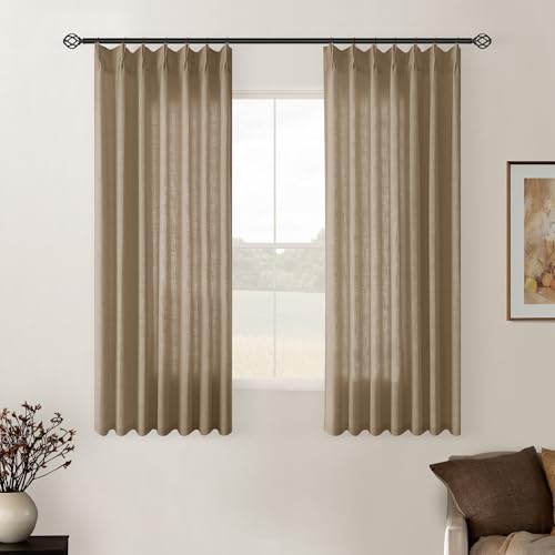 Image of Latte Pinch Pleated Short Linen Curtains 45 Inch Length 2 Panels for Living Room Bedroom Memory Trained Semi Sheer Pleat Drapes with Hooks Rings Light Filtering Small Kitchen Window Curtain 40x45