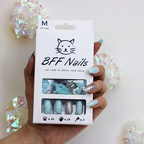Image of Cat Nail Caps for Cats with Matching Acrylic Press-On Nails for Humans (Small, Light Blue with Silver Accent)