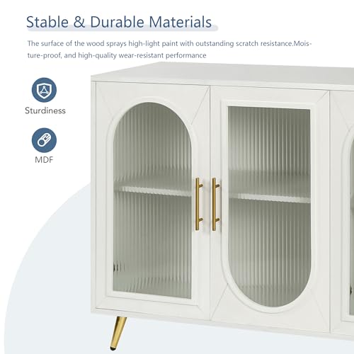 OneBlis 60 Inch Buffet Sideboard with 4 Glass Doors Accent Storage Cabinet with Adjustable Shelves Console Table Wooden for Living Room Hallway Entryway Dining Room (Antique White) - Thumbnail 6