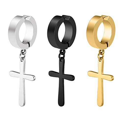 3 Pairs Stainless Steel Ear Clip Non-Piercing Clip On Earrings Set With Cross Dangling For Men Women Boy Girls #TOP1