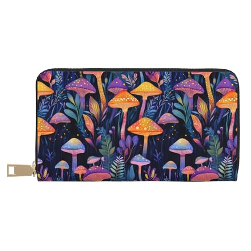 Colorful Mushroom Print Wallet Women, Leather Bifold Multi Card Wallet, Long Purse Women's Wallets