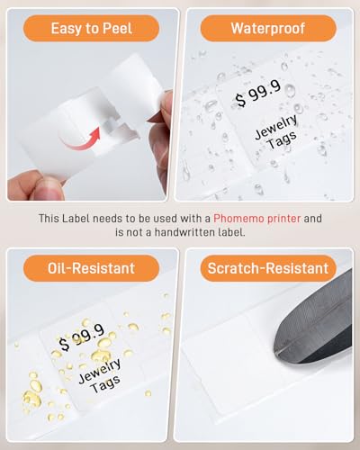 Image of Phomemo Thermal Labels,Self-Adhesive Jewelry Price Tags Compatible with M100 /M110 /M220 /M250 Label Printer, 1.18 x 0.98 Inch (30x25mm+45mm Stickers for Cabel, Colthing, Business, 100PCS x 3 Roll