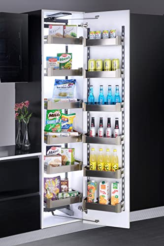 Image of Avocetmobily Stainless Steel Pull Out Kitchen Pantry Unit 600mm Cabinet | 12 Basket Modular Kitchen Storage Organizer | 6 Layer Tall Pantry Rack | 70kg Load Capacity | Silver