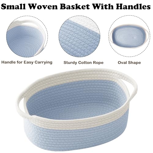 Image of Woven Rope Basket - Baby Gift Basket with Bag & Ribbon, White&Blue