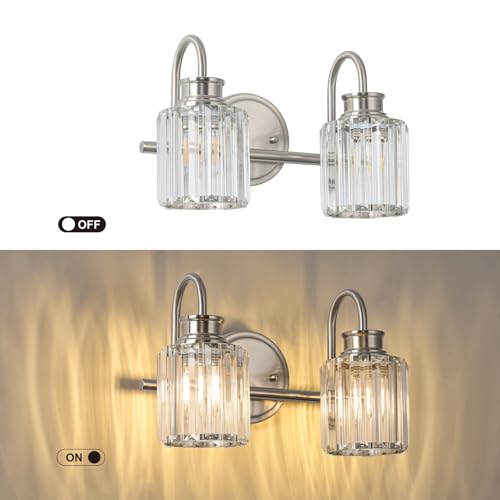 Image of Brushed Nickel Bathroom Light Fixtures with K9 Crystal Lampshade Bathroom Lighting Over Mirror Vanity Lights for Living Room,Bedroom,Restroom,Hallway 2 Lights