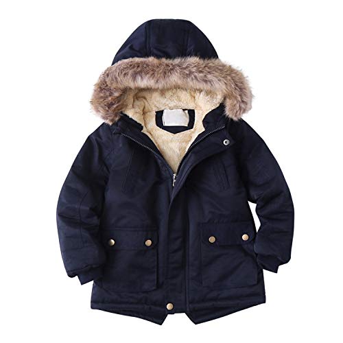 Image of De feuilles Kids Boys Faux Fur Hooded Parka Coat Winter Warm Fleece Lined Jacket Padded Outwear Outfits (Navy Blue, 9-10 Years)