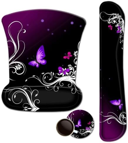 Mouse Pad with Wrist Support and Keyboard Wrist Rest Pad Set,Ergonomic Mouse Pads for Computers Laptop,Non-Slip Comfortable Mousepad w/Raised Memory Foam for Easy Typing Pain Relief (Purple Butterfly)