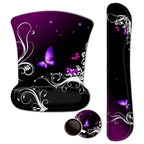 Mouse Pad with Wrist Support and Keyboard Wrist Rest Pad Set,Ergonomic Mouse Pads for Computers Laptop,Non-Slip Comfortable Mousepad w/Raised Memory Foam for Easy Typing Pain Relief (Purple Butterfly)