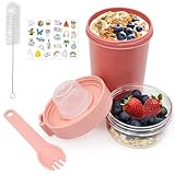 Forbabe Müslibecher To Go mit Löffel, Joghurtbecher Doppelschicht Müsli Joghurt To Go Becher Auslaufsicherer, Salatbecher Lunchpot Mit Soßenbox für Arbeit/Schule/Reisen (Rosa)
