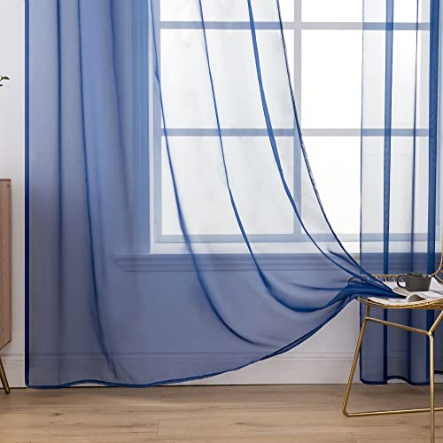 MIULEE 2 Panels Solid Color Sheer Window Curtains Smooth Elegant Window Voile Panels/Drapes/Treatment for Bedroom Living Room Dark Blue 55" Wx102 L, Rod Pocket