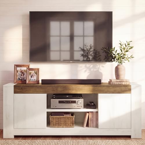 Image of VASAGLE TV Stand, Farmhouse Entertainment Center with Storage Cabinets | Media Console Table for Living Room, Bedroom, for 65 Inch TV, Rustic White and Honey Brown ULTV623W201S