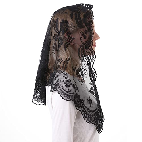 Embroidery Lace Veils Catholic Church Mantillas Chapel Scarf Lace Mass (black) - Thumbnail 2