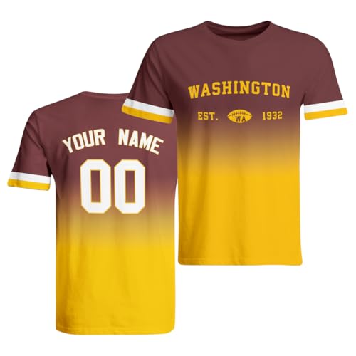 Washington Custom Football T-Shirt Short Sleeve,Team Sports T Shirts,Add Personalized Name and Number, Classic Gifts of Football Fans Youth and Men Women