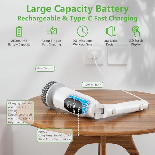 Image of Electric Spin Scrubber, Cordless Cleaning Brush, 3H Work Time, Bathroom Scrubber with LED Display, 3-Speed Extendable Handle, IPX7 Waterproof, 8 Brush Heads for Shower, Tile, Tub, Floor, Toilet, Grout