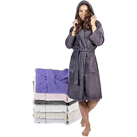 Bathrobe Women 100% Cotton OEKO-TEX® - L Dark Grey - Premium Dressing Gowns Absorbent Towelling For Women with Hood, 2 Pockets, Belt Cover