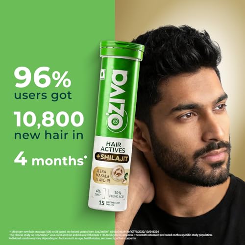 Image of OZiva Hair Actives + Shilajit for Men | Supports Hair Thickness & Density | Hair Fall Supplement with Liposomal SesZen-Bio, GZen-Zinc & Shudh Shilajit | Jeera Masala Flavor | 15 Effervescent Tablets