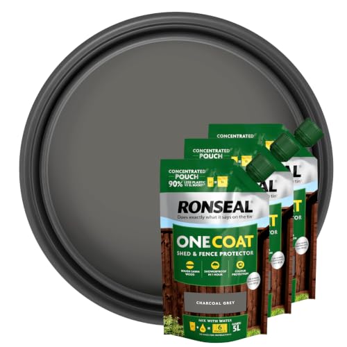 Image of Ronseal One Coat Shed & Fence Protector 950ml Charcoal Grey 3 Pack Makes 15L with Mixing Tub