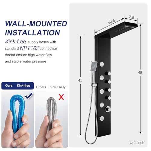 ROVATE Rainfall Waterfall Shower Panel Tower System, 304 Stainless Steel Bathroom Shower-Tower with 5 Rain Body Massage Jets and 3 Sets Handheld, Shower Column Wall Mounted Black - Thumbnail 3