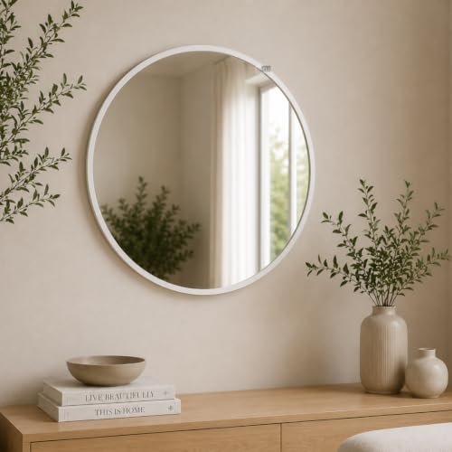 Image of Round Wall Mirror in Gold I Metal Frame Mirror I Modern Design Metal Frame Mirror in Medium Size I Bathroom Wash Basin, Bedroom, Drawing Room (White 30 inch)