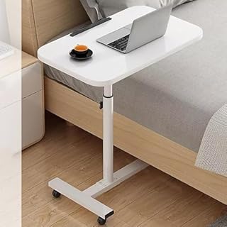 SterlingEdge Overbed Height Adjustable Table with Wheels Bedside Tray for Elderly C Shaped Laptop Desk Portable Rolling Cart, Mobile Workstation Ideal Living Room, Bedroom Table (White)