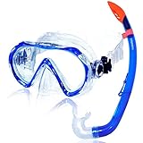 AQUAZON Korfu Hochwertiges Schnorchelset, Tauchset, Schwimmset, Schnorchelbrille mit Tempered Glas, Schnorchel mit semi Dry top für Kinder, Jugendliche Von 7-12 Jahren, Farbe:Blue