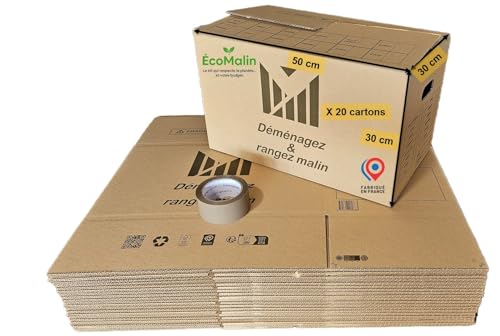 Lot de 20 Cartons de Déménagement 50x30x30 cm avec Poignées Renforcées, Double Épaisseur, Adhésif 68 m